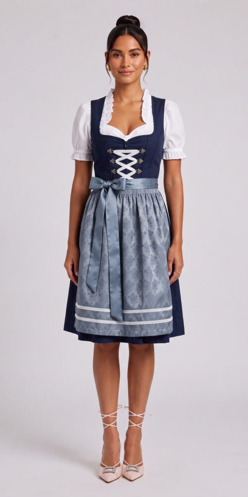 NAVY BLUE FIT-AND-FLARE DIRNDL SET, MATTE COTTON BLEND