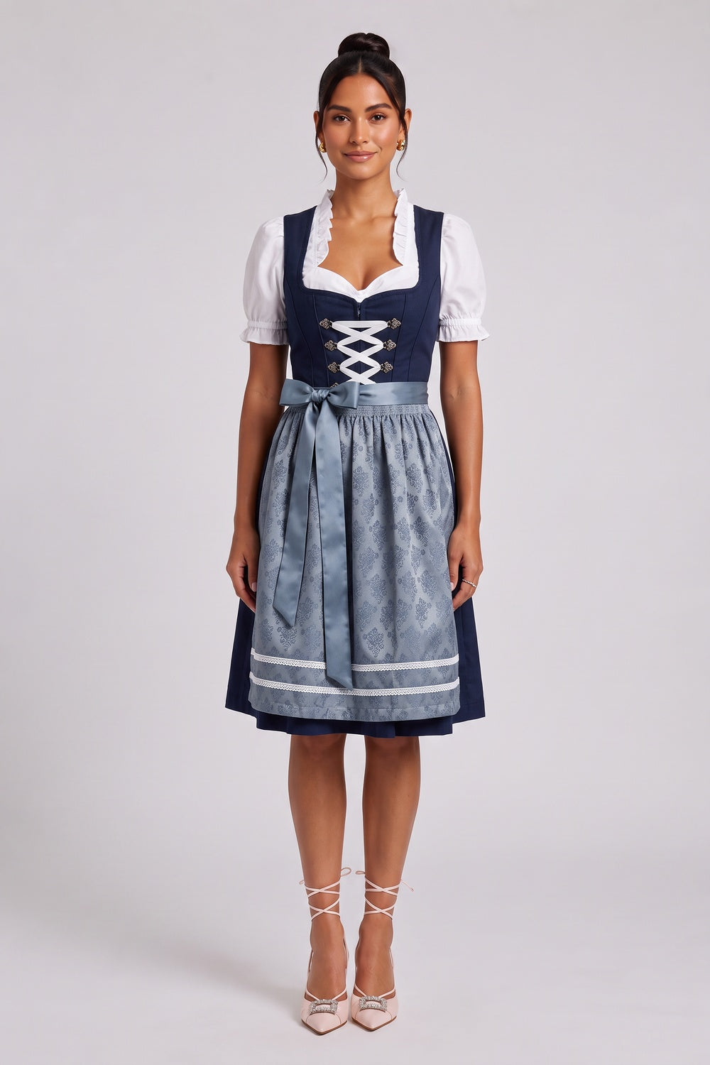 70ffada944ae2ea5 NAVY BLUE FIT-AND-FLARE DIRNDL SET, MATTE COTTON BLEND