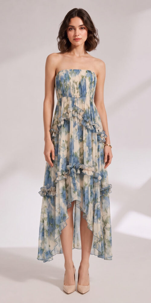 71326b17fbc392e4 BLUE FLORAL STRAPLESS TIERED MIDI DRESS