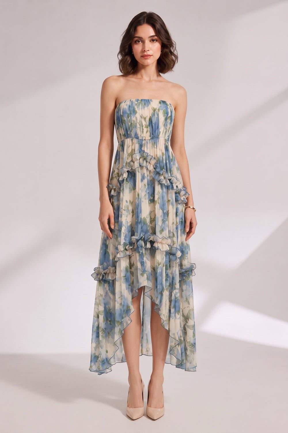71326b17fbc392e4 BLUE FLORAL STRAPLESS TIERED MIDI DRESS