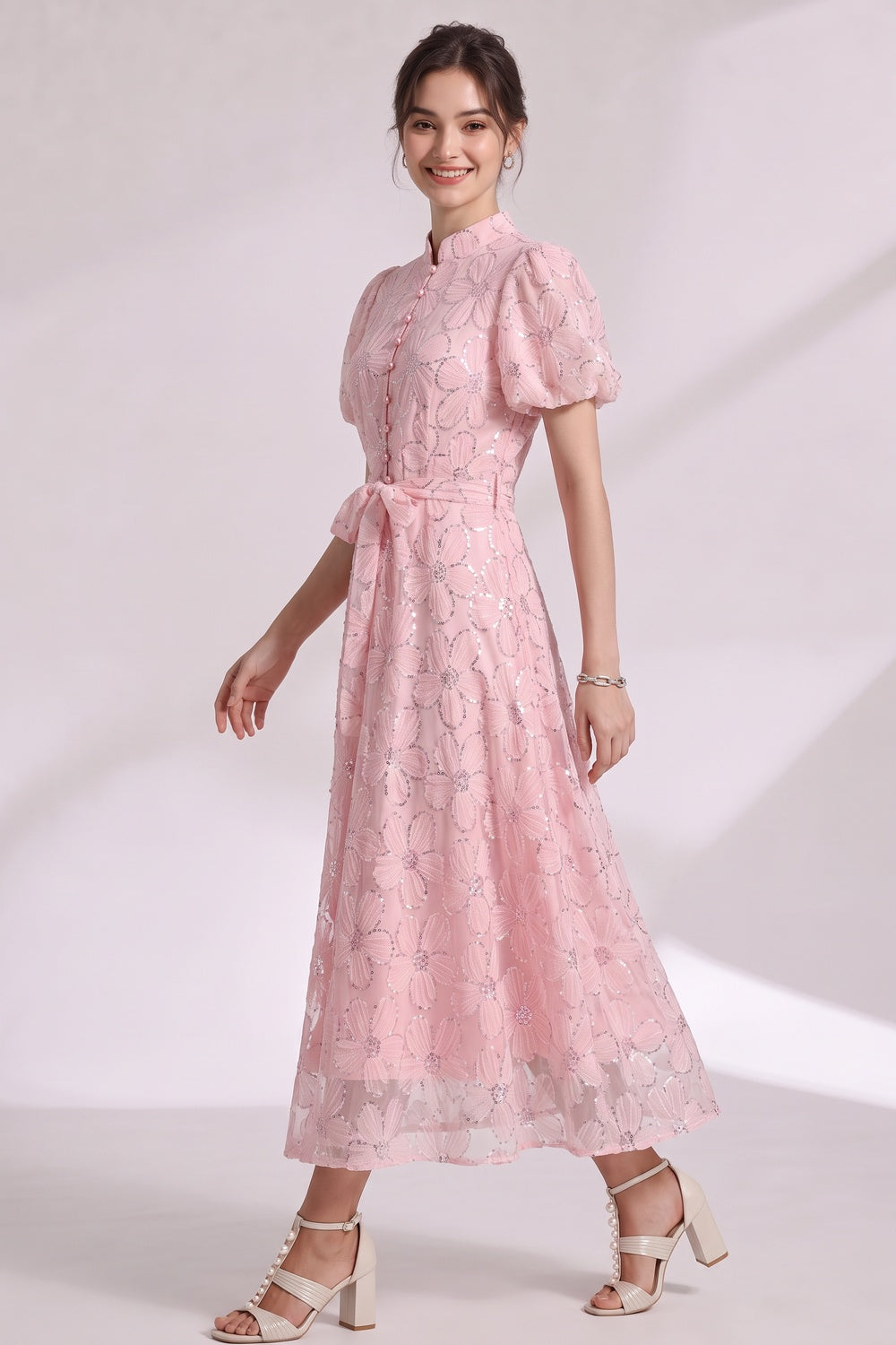 LIGHT PINK SHEER ORGANZA A-LINE MIDI DRESS FLORAL APPLIQUE