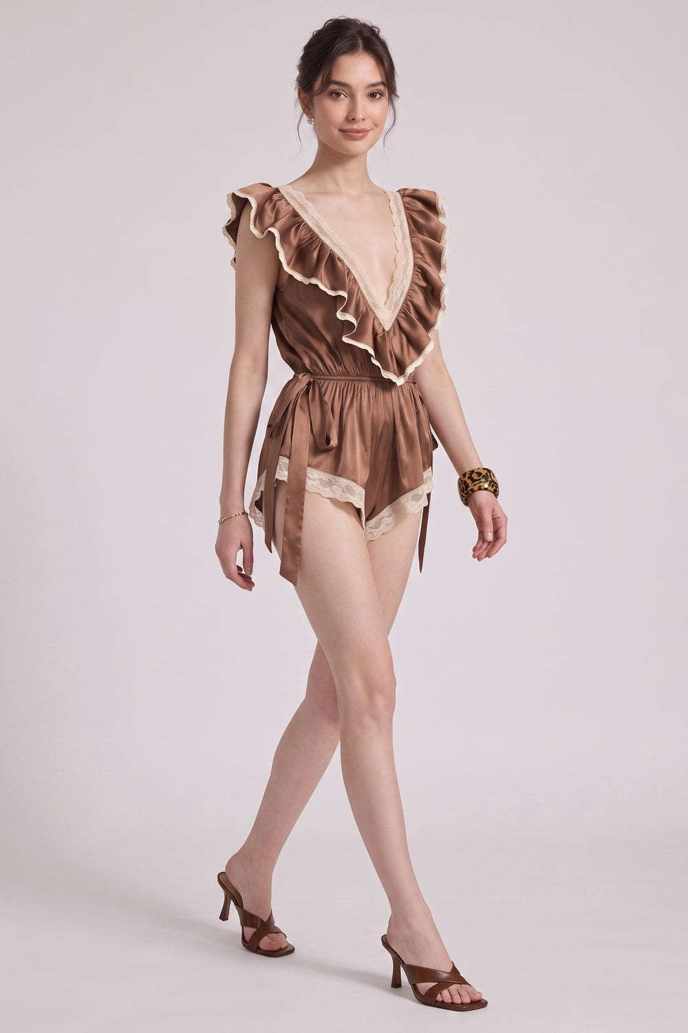 71e695f2e7fee0ab BRONZE SATIN RUFFLED ROMPER | CINCHED WAIST