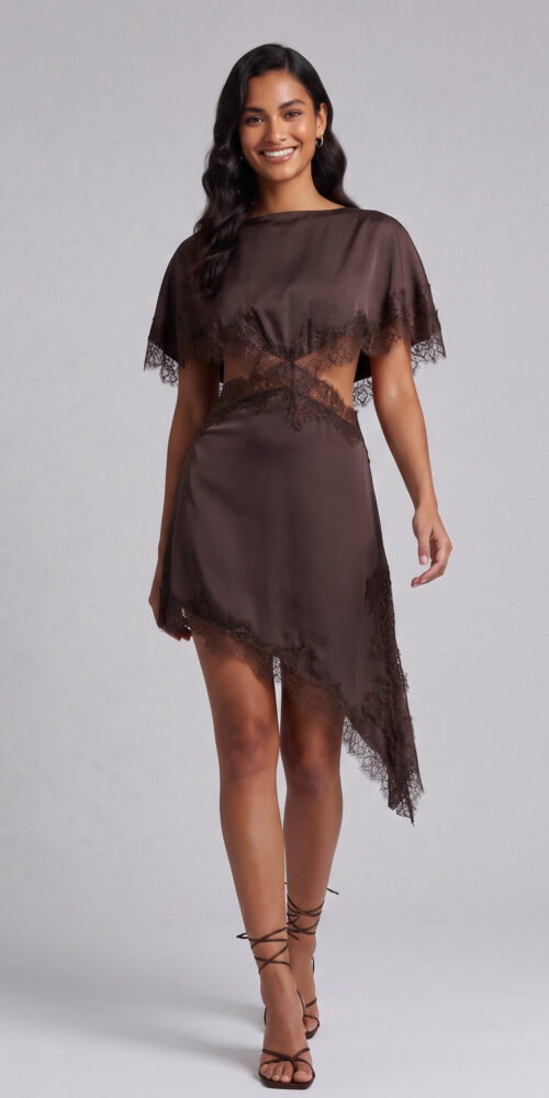 71f91c90ae2ac679 CHOCOLATE BROWN SATIN ASYMMETRIC A-LINE CAPELET DRESS