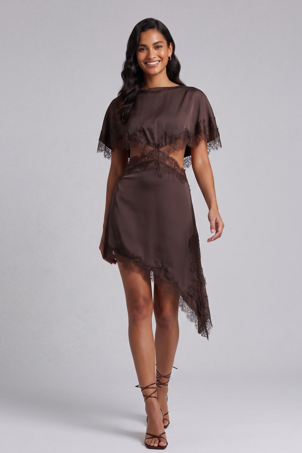 71f91c90ae2ac679 CHOCOLATE BROWN SATIN ASYMMETRIC A-LINE CAPELET DRESS