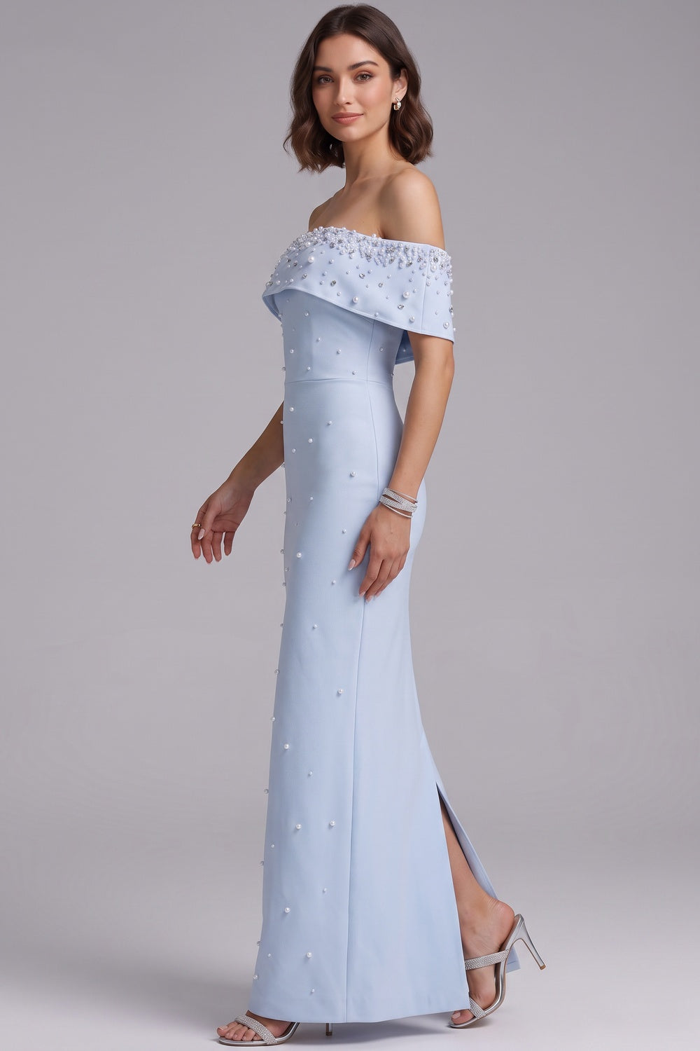 LIGHT BLUE PEARL COLUMN GOWN | STRUCTURED CREPE FORMAL DRESS