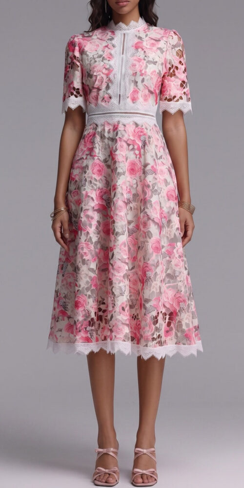 PINK LACE MIDI DRESS, FLORAL CUTOUT, WEDDING GUEST