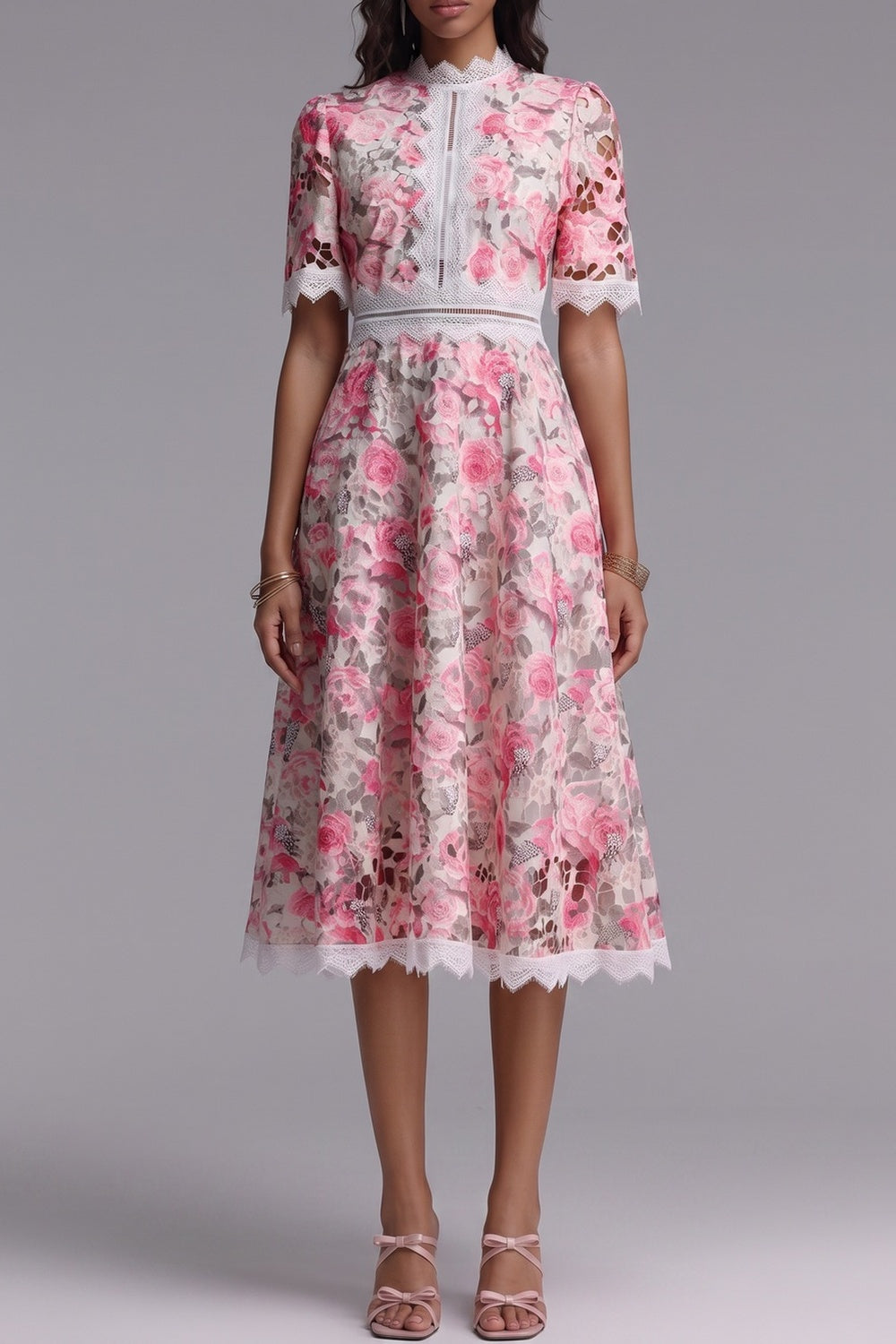 72399ddc1a6ce852 PINK LACE MIDI DRESS, FLORAL CUTOUT, WEDDING GUEST
