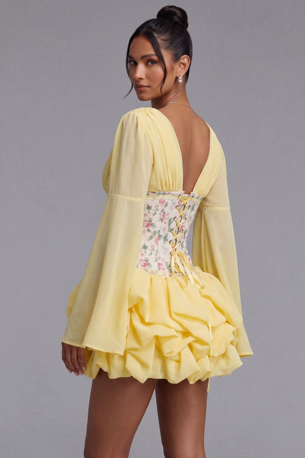 72aff933ee9af5e7 PASTEL YELLOW CORSET FIT-FLARE CHIFFON MINI DRESS