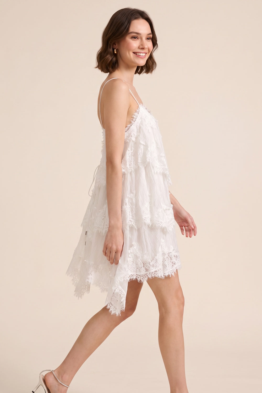 72e4d1daa7dffc5f WHITE LACE FRINGE ASYMMETRIC MINI DRESS