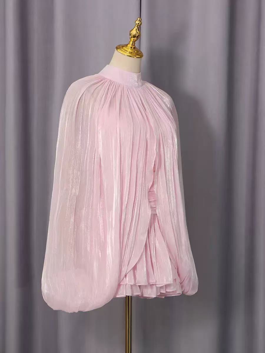 731991857912376c54a752b143c54f38 HIGH NECK KEYHOLE CAPE PUFF SLEEVE RUCHED MINI DRESS