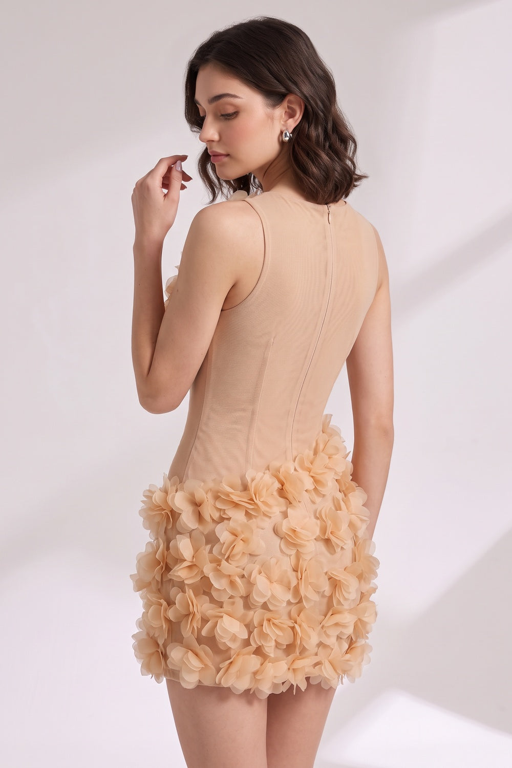 731b5782efb5d32c BEIGE SHEER MESH BODYCON MINI DRESS 3D FLORAL PETALS