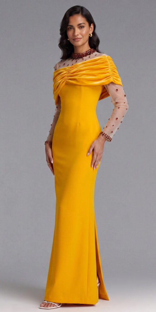 7321a5ef6d309e8c YELLOW VELVET OFF-SHOULDER BEADED GOWN