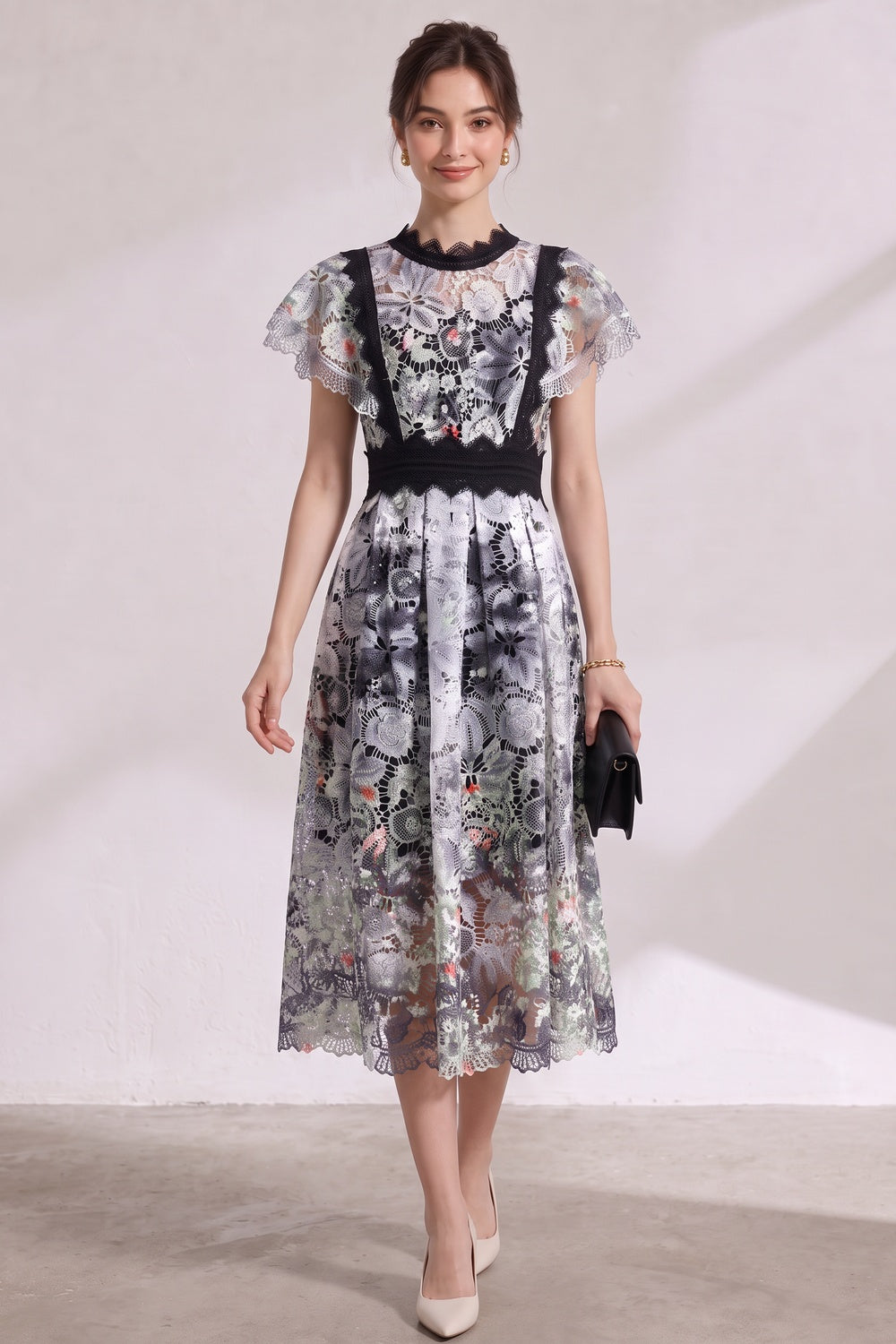 739a7aadf15268c6 WHITE GUIPURE LACE FIT-AND-FLARE MIDI DRESS FOR WEDDING GUEST