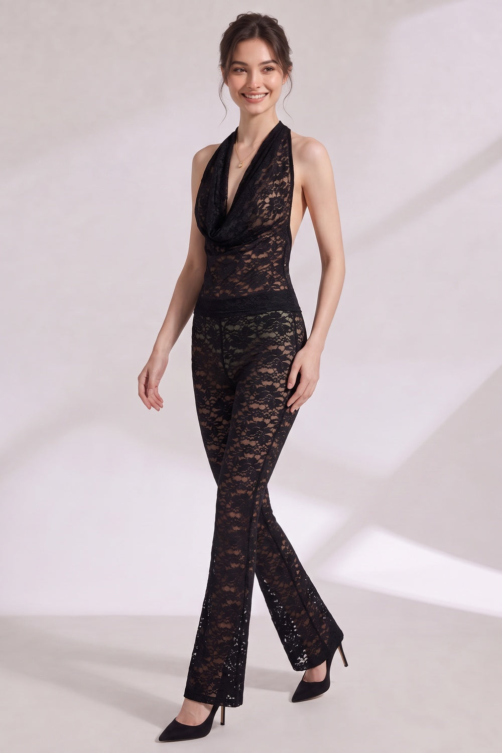 74157e64fbcf7803 BLACK LACE HALTER JUMPSUIT COWL NECK