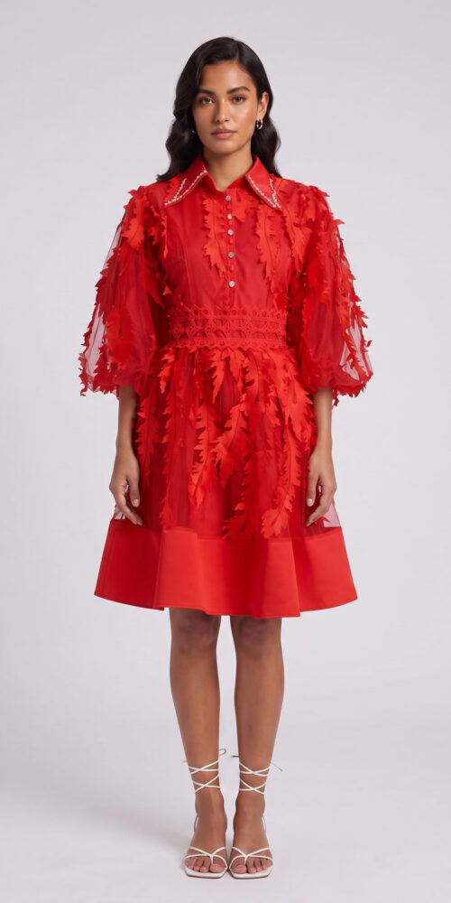 RED SHEER ORGANZA 3D FLORAL FIT-FLARE COCKTAIL DRESS