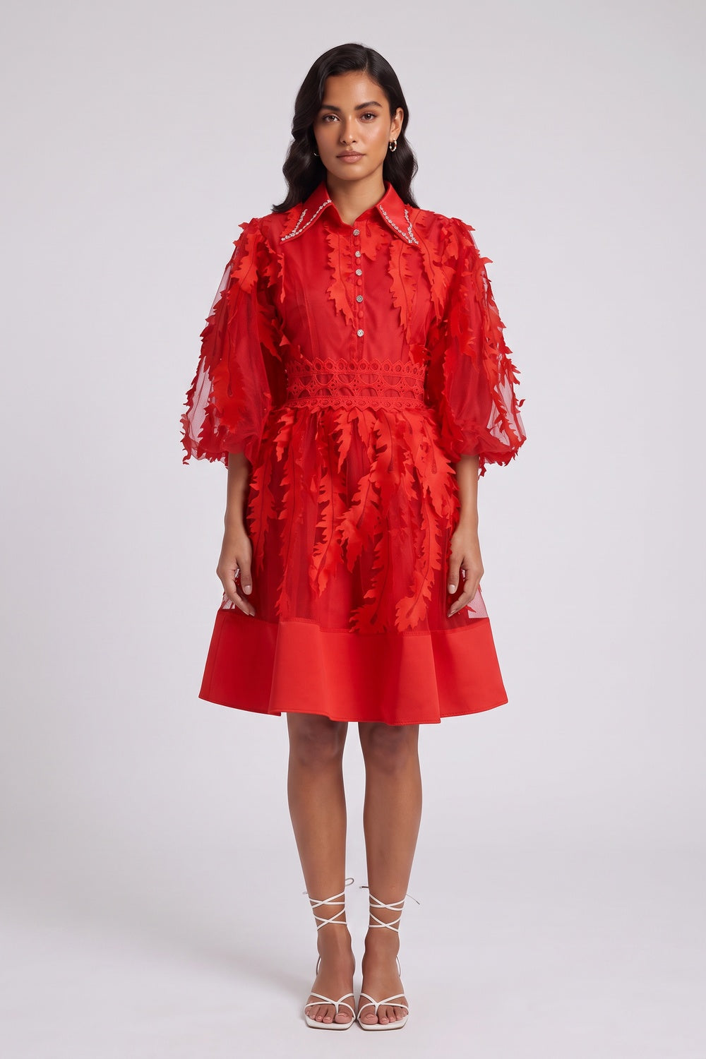 742266bc2e7dfd98 RED SHEER ORGANZA 3D FLORAL FIT-FLARE COCKTAIL DRESS