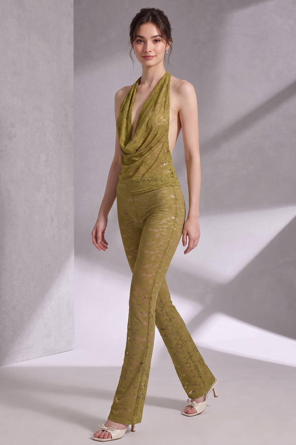 742ec298e0f2ad4e OLIVE GREEN LACE HALTER COWL NECK TOP & FLARED PANTS SET