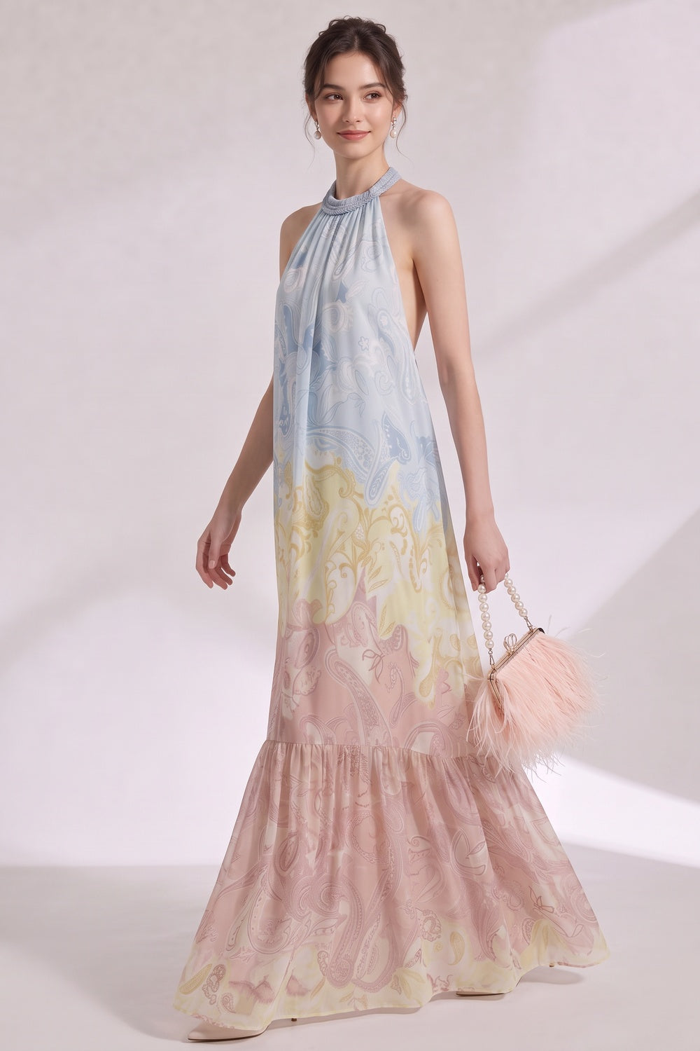 743da86378a8e2c4 PASTEL OMBRÉ CHIFFON HALTER TIERED MAXI DRESS