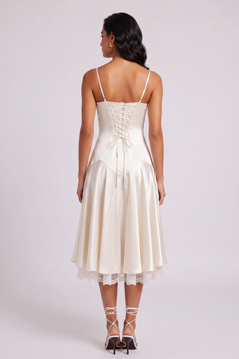 IVORY SATIN MIDI SLIP DRESS, SPAGHETTI STRAP LACE HEM