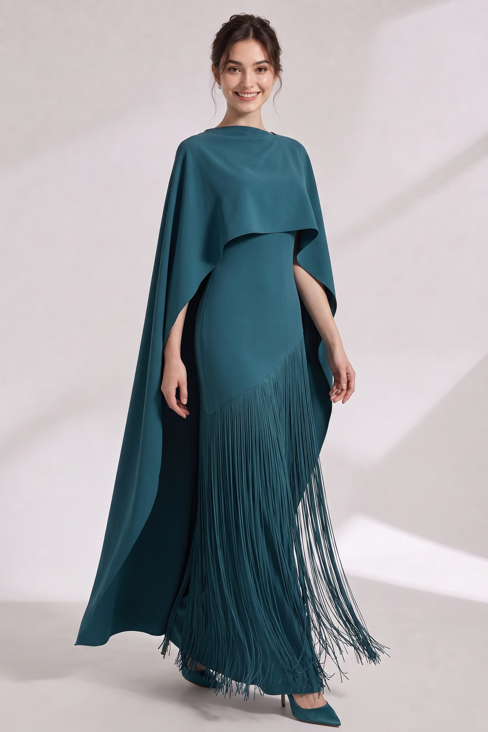 74637fefc6ccdaa4 TEAL MATTE CREPE COLUMN GOWN ASYMMETRICAL CAPE EVENING
