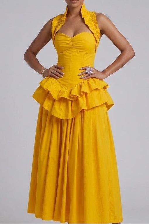 747abec5-e16a-4a64-8bf5-a58b487cdda3 YELLOW RUFFLED PEPLUM MIDI DRESS FOR WEDDING GUEST