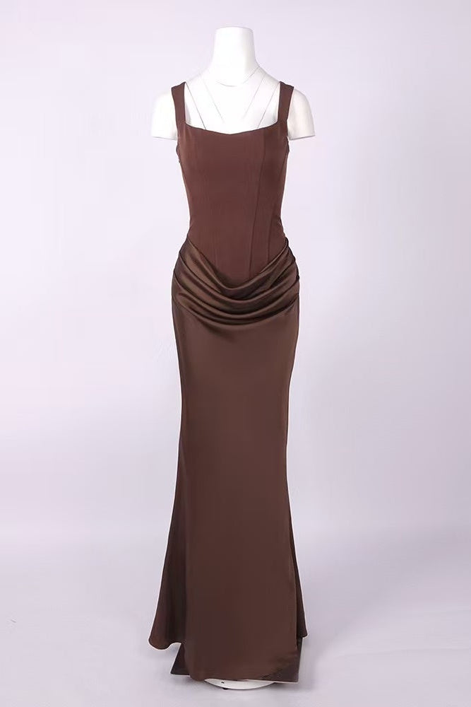 74a52f05674b229955a0372202c9dfeb DARK BROWN SATIN COLUMN GOWN DRAPED HIP EVENING WEAR