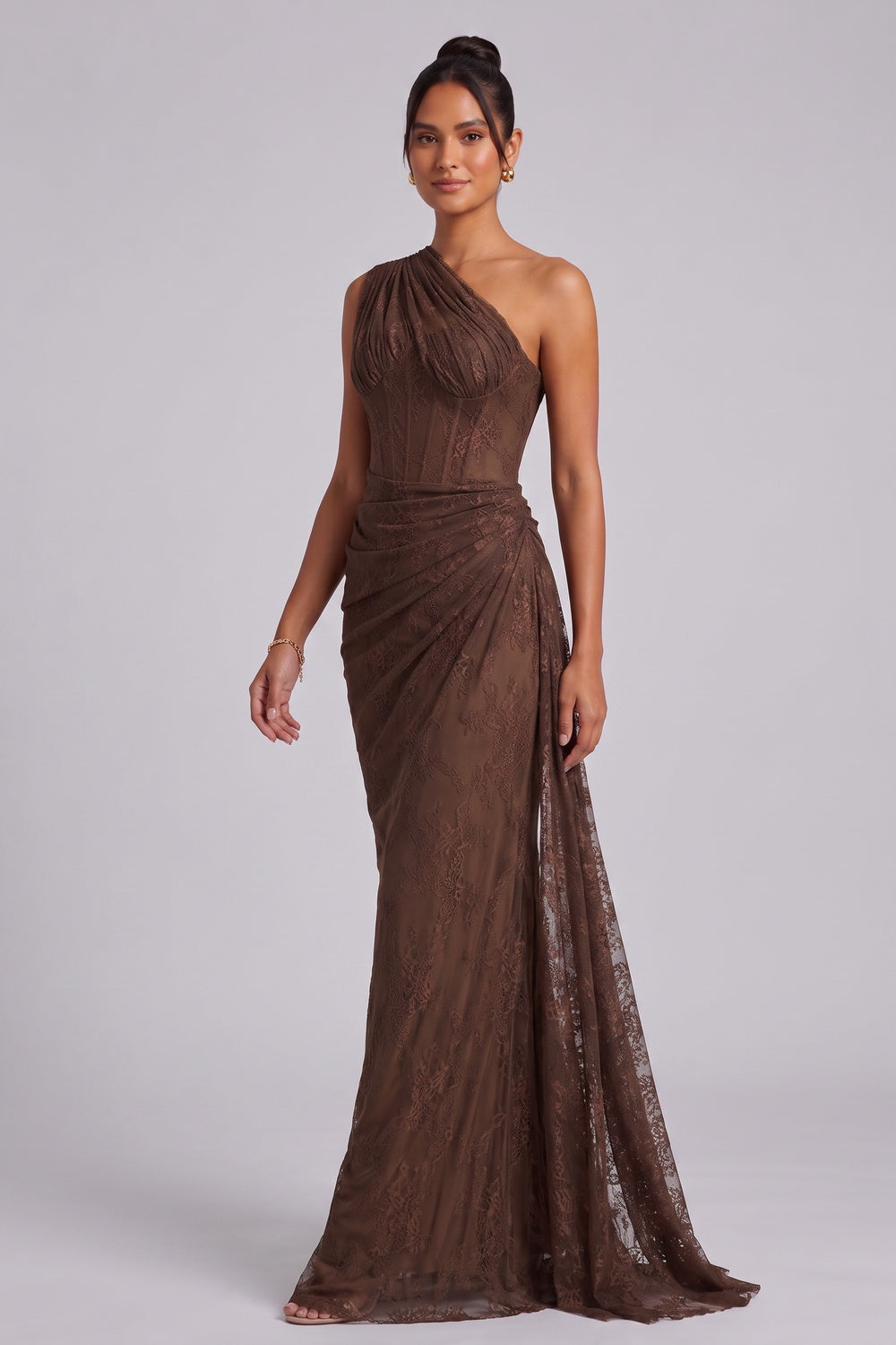 CHOCOLATE BROWN FLORAL LACE COLUMN DRESS