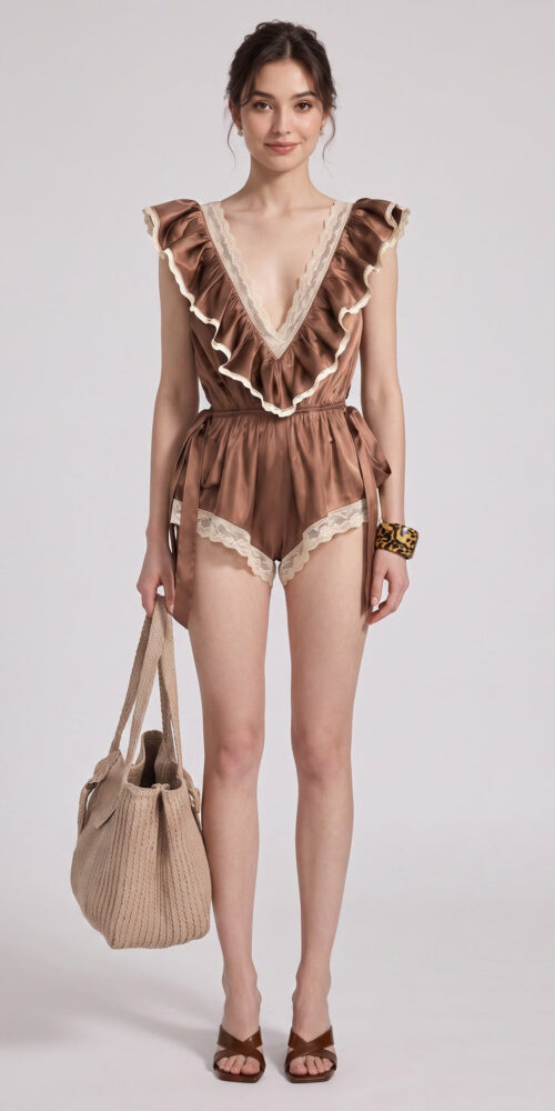 75a62d6c75dcfbc4 BRONZE SATIN RUFFLED ROMPER | CINCHED WAIST