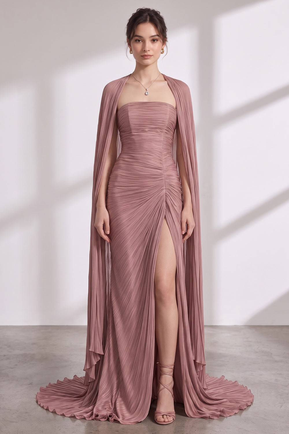 75c9bbd662238b73 DUSTY ROSE PLISSÉ STRAPLESS CAPE GOWN W/ TRAIN