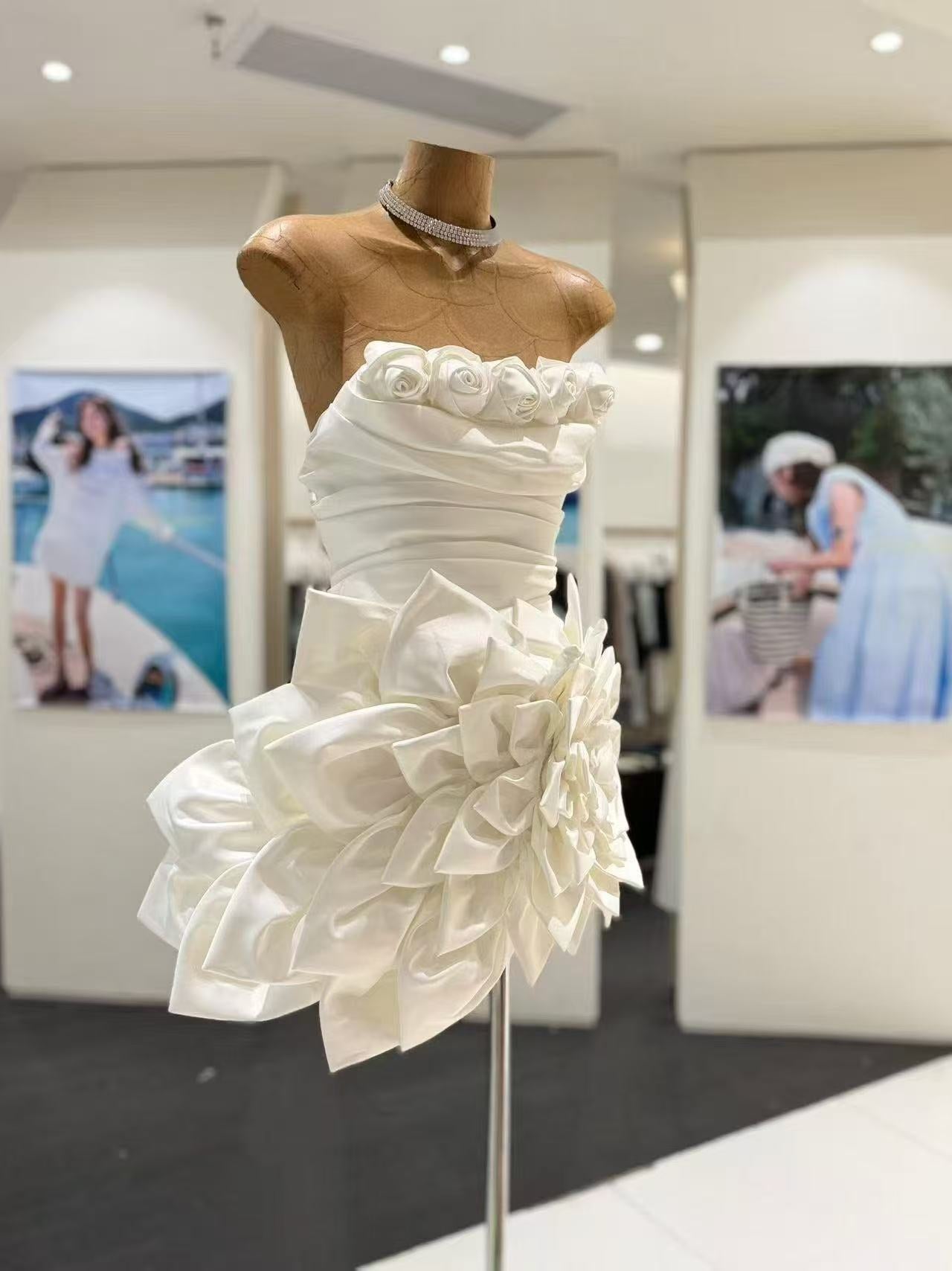 7610e497a6ca96fb911d619409b1473e STRAPLESS 3D FLORAL WHITE SATIN MINI DRESS