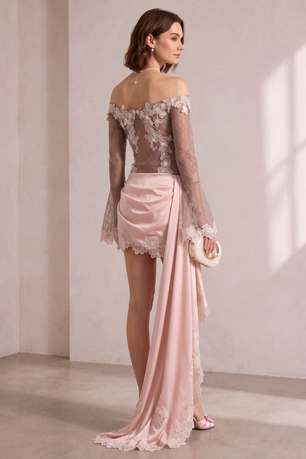 76323d84df197b47 OFF SHOULDER FLORAL LACE TOP & SATIN ASYM MINI SKIRT SET