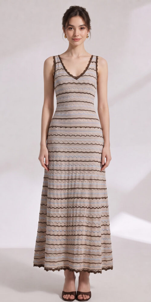765314a73699eace BEIGE CROCHET KNIT A-LINE MAXI DRESS