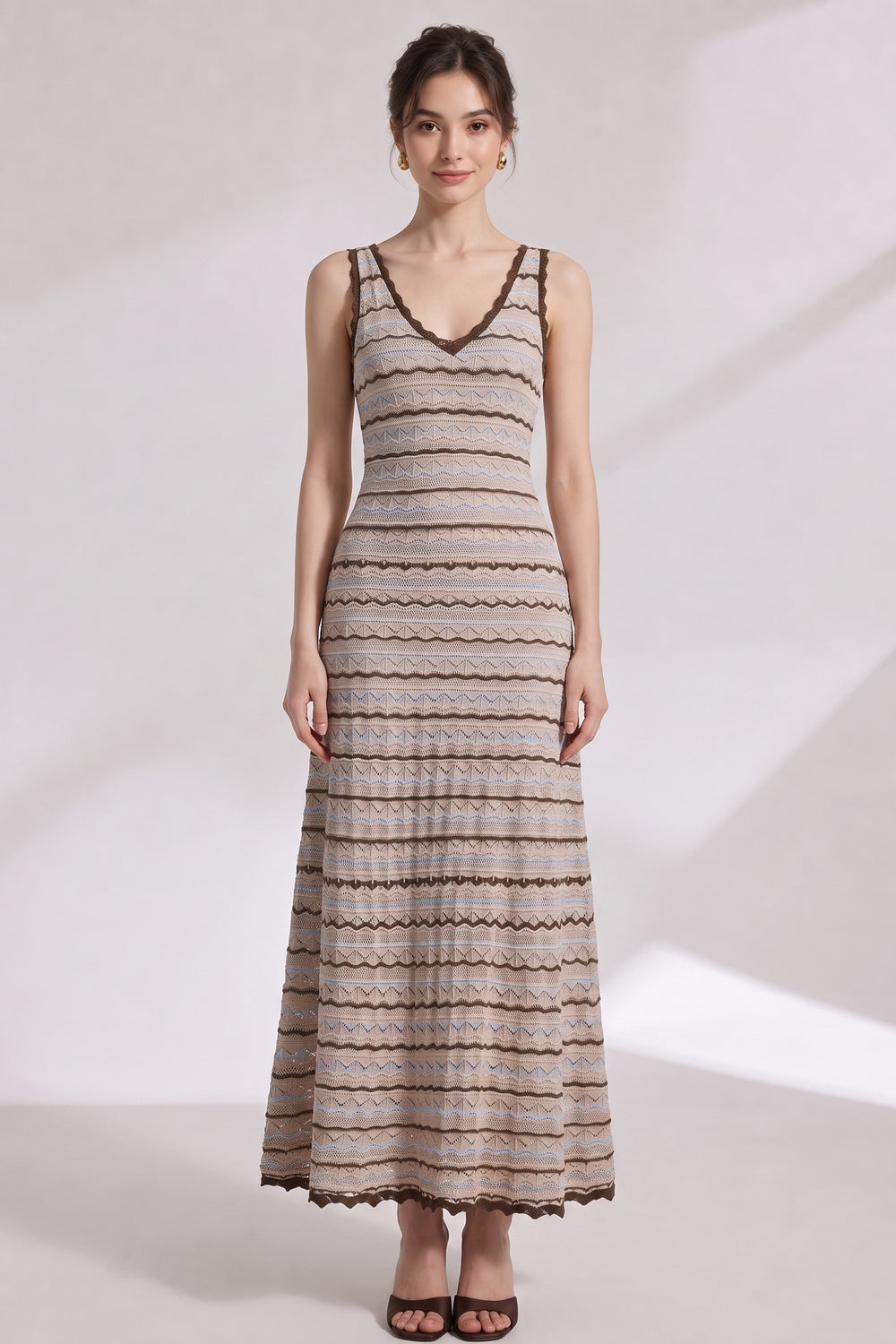 765314a73699eace BEIGE CROCHET KNIT A-LINE MAXI DRESS