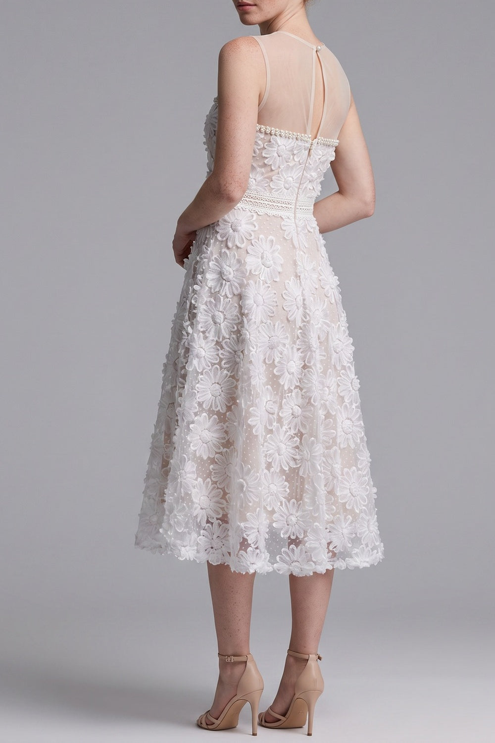 76736a313760df53 SHEER MESH MOCK NECK SLEEVELESS 3D FLORAL TULLE MIDI DRESS