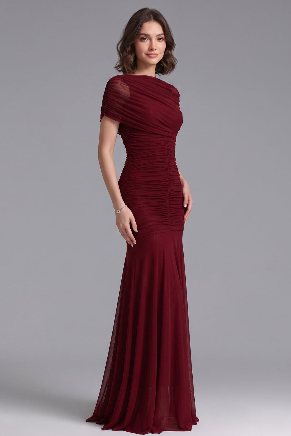 BURGUNDY MERMAID MESH EVENING GOWN