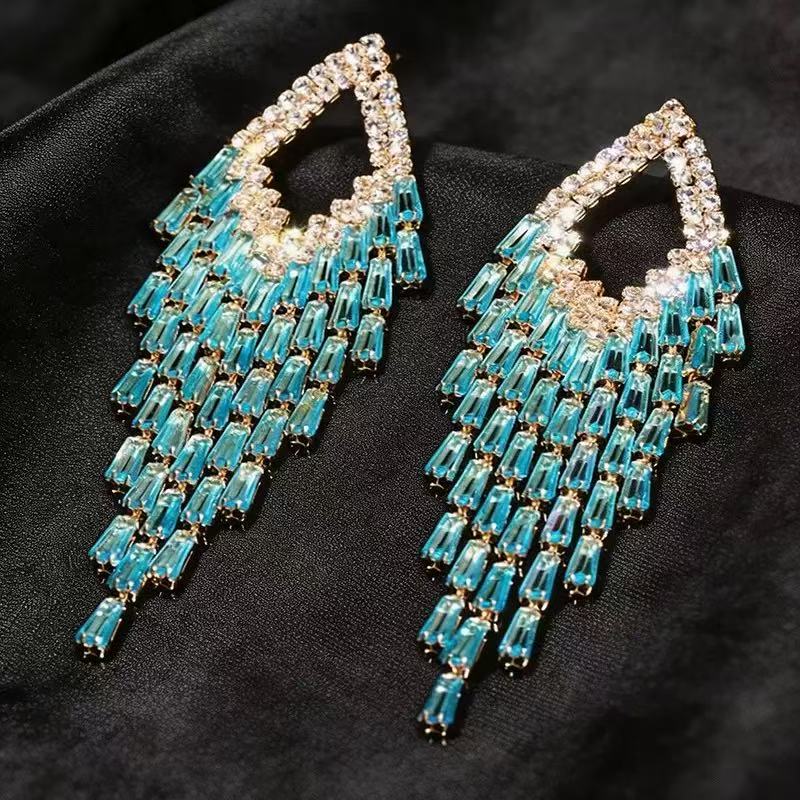 76d38b2509c7410fa8b0ef9fe8e76ba8 AQUA BAGUETTE CRYSTAL TEARDROP TASSEL EARRINGS