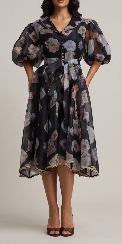 76d841336c6c80cc V-NECK BALLOON SLEEVE PRINT BELTED MIDI DRESS
