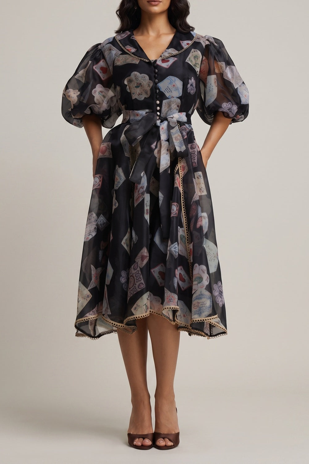 76d841336c6c80cc V-NECK BALLOON SLEEVE PRINT BELTED MIDI DRESS