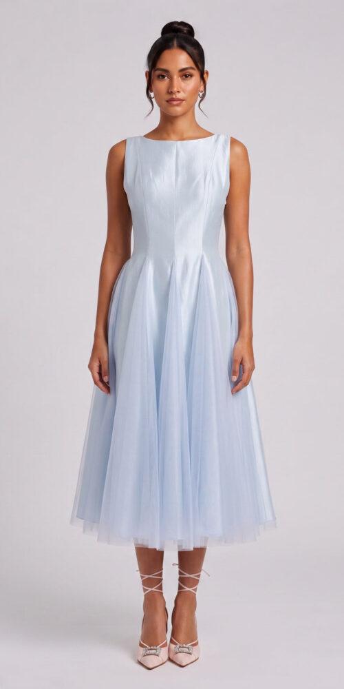 76eb17e8836a76bb LIGHT BLUE SLEEVELESS MIDI DRESS FOR WEDDING GUEST