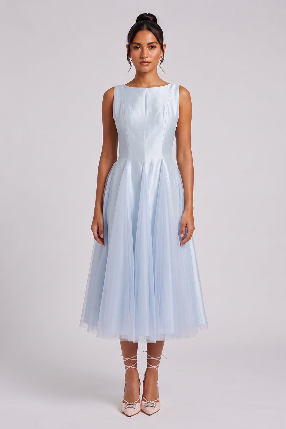 76eb17e8836a76bb LIGHT BLUE SLEEVELESS MIDI DRESS FOR WEDDING GUEST