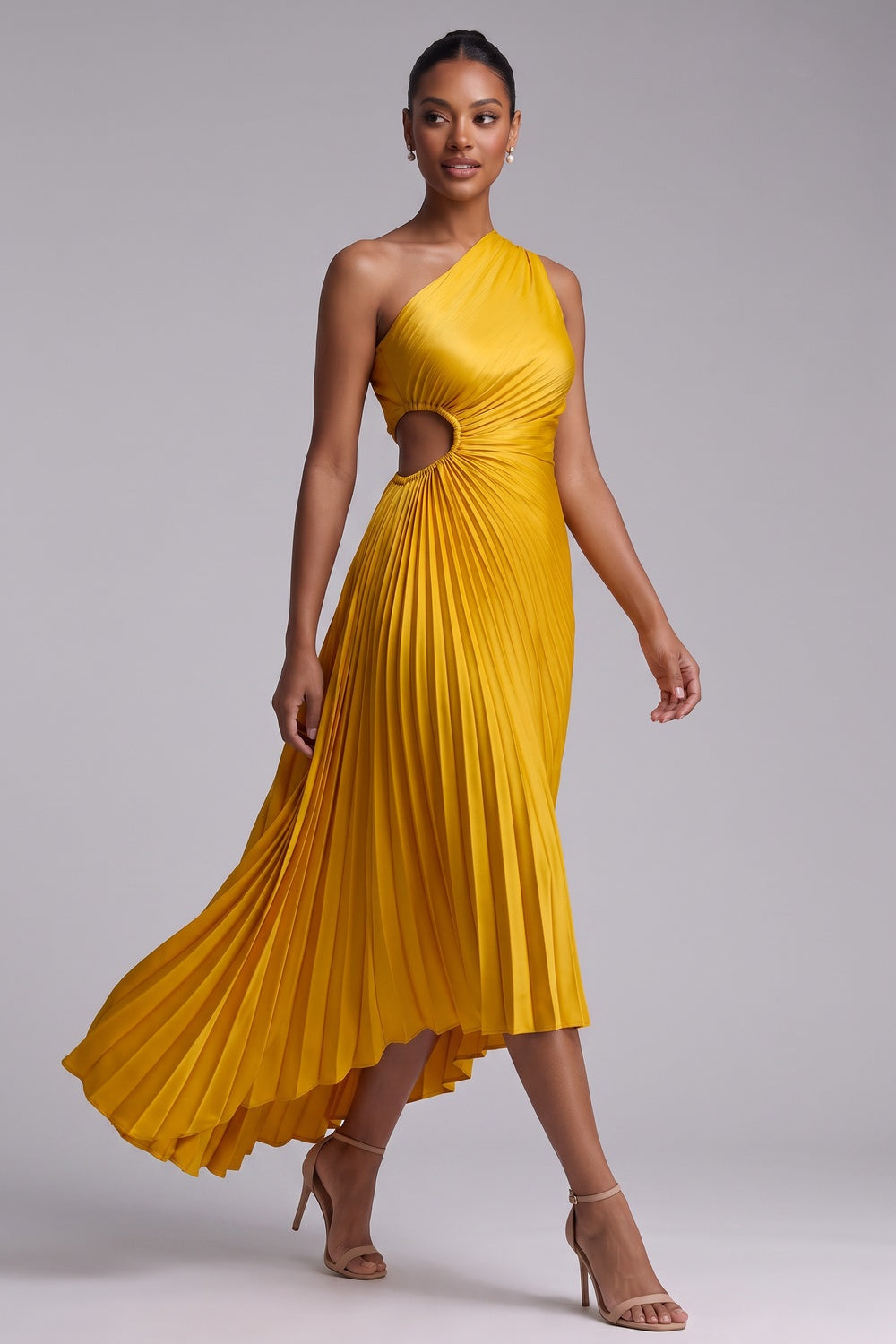 76ec3700e4c8414a YELLOW ONE-SHOULDER PLEATED MIDI DRESS FOR WEDDING