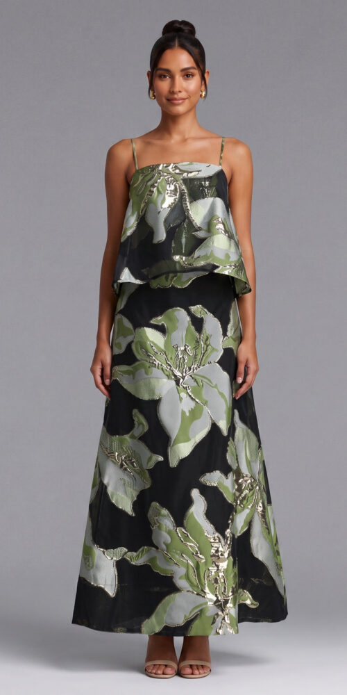 76f7baa52501fd27 BLACK METALLIC JACQUARD TRAPEZE CROP TOP & MAXI SKIRT SET