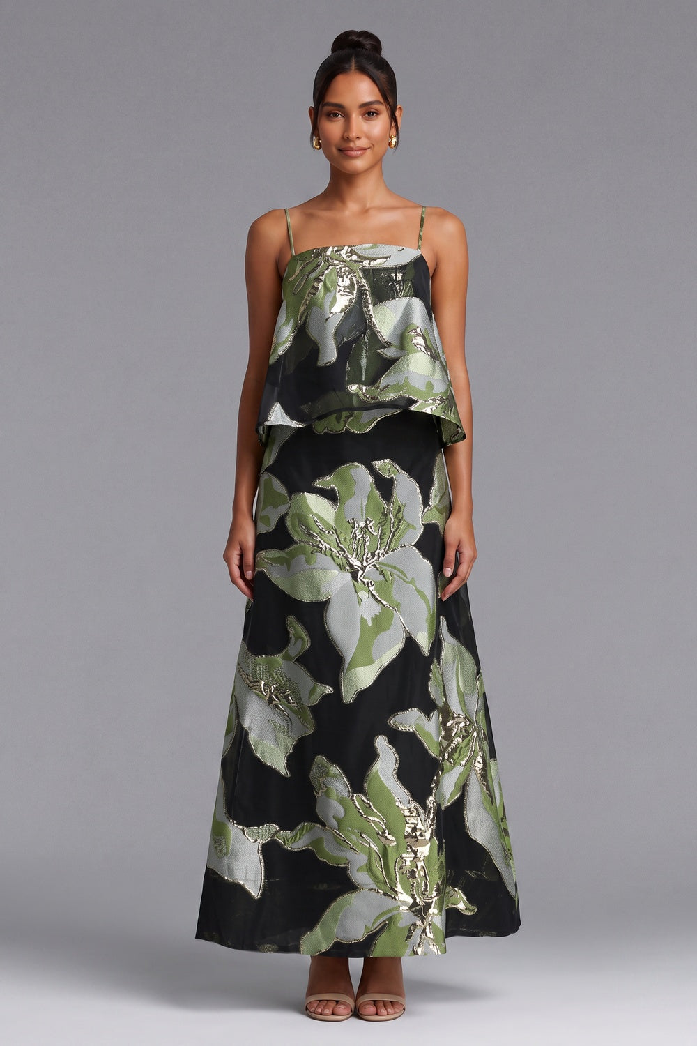 BLACK METALLIC JACQUARD TRAPEZE CROP TOP & MAXI SKIRT SET