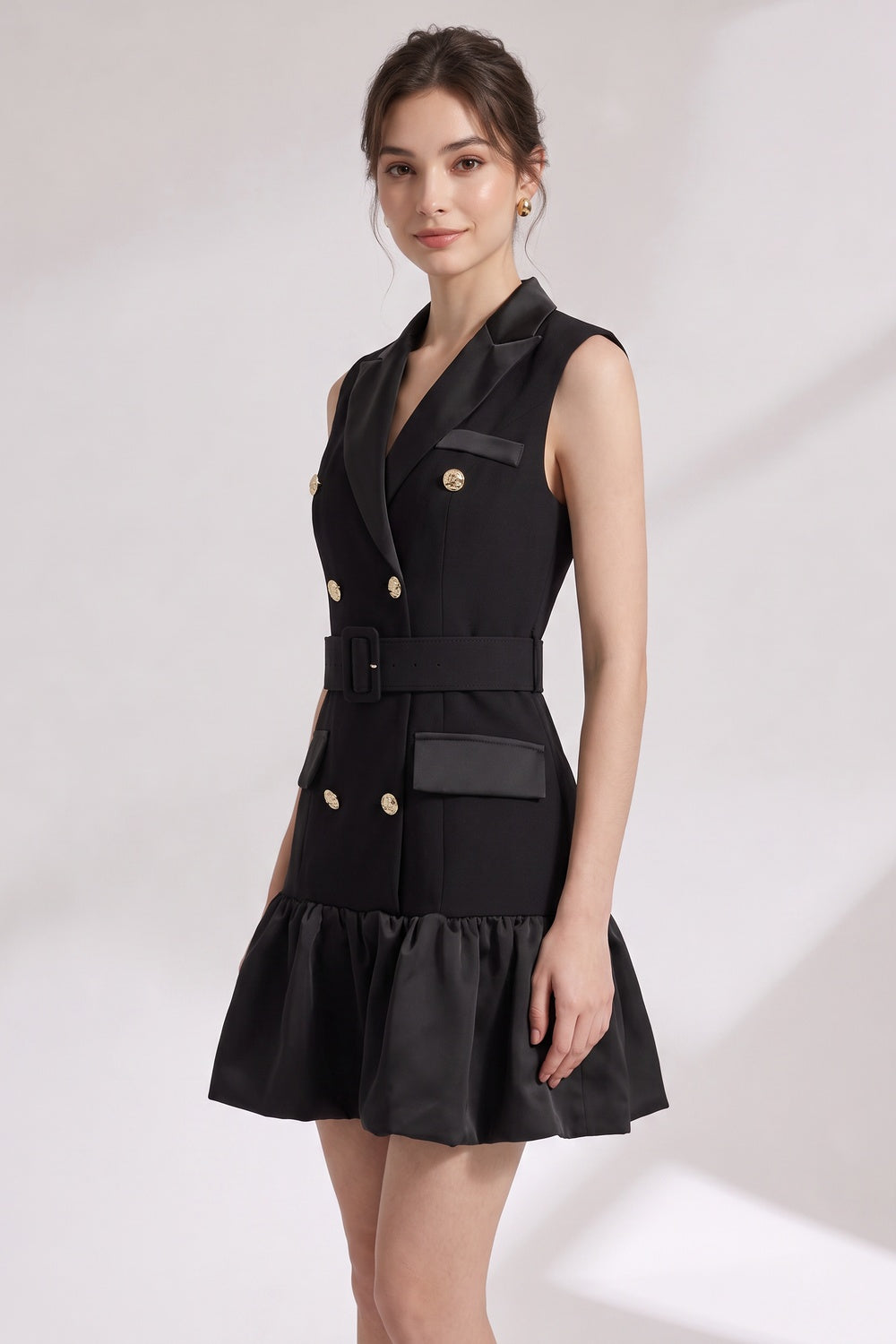 77492ff0dbbfc874 BLACK RUFFLED HEM TAILORED BLAZER DRESS, MATTE CREPE