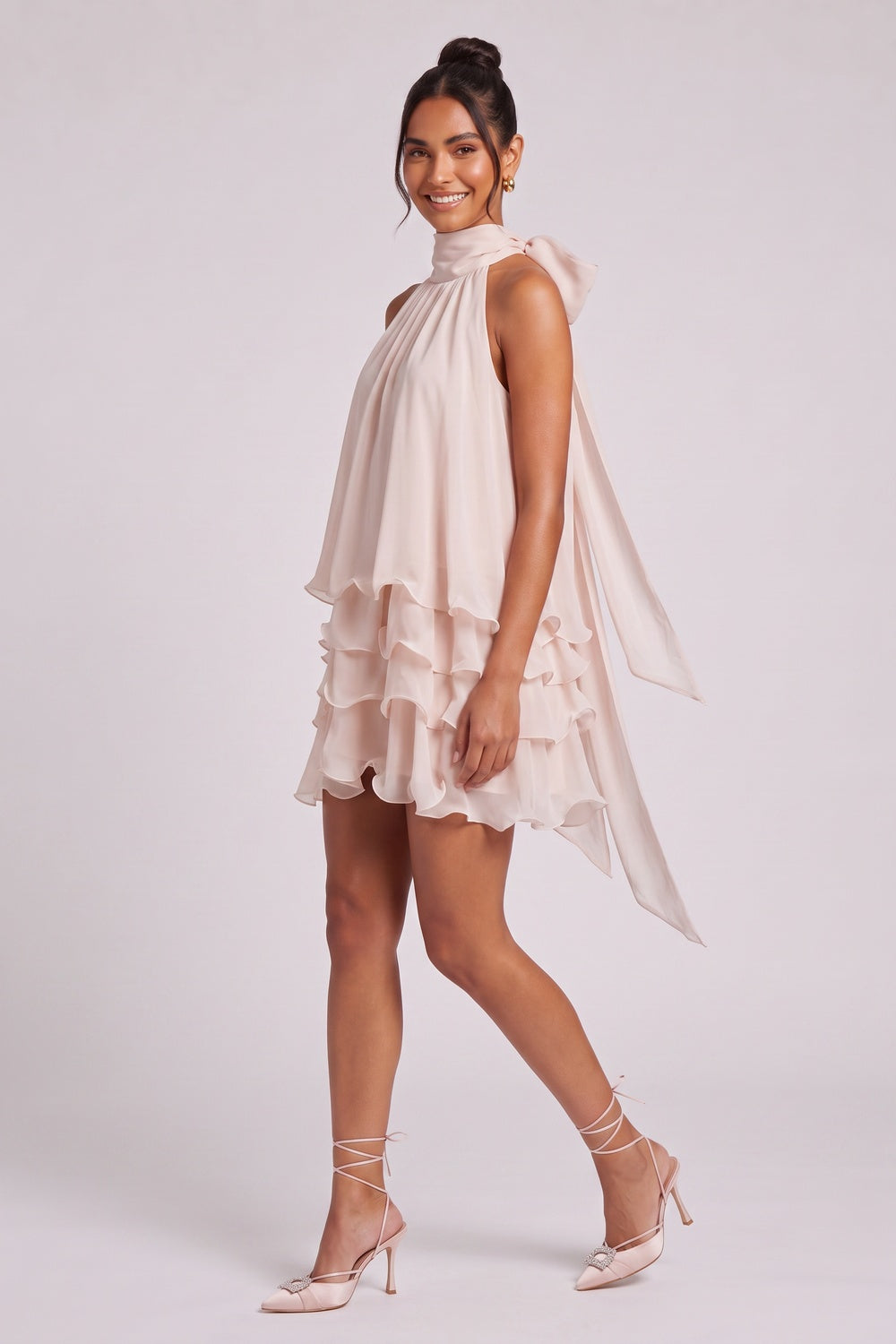 7755fbd0b11c2fb2 PALE PINK HALTER TIERED CHIFFON MINI DRESS