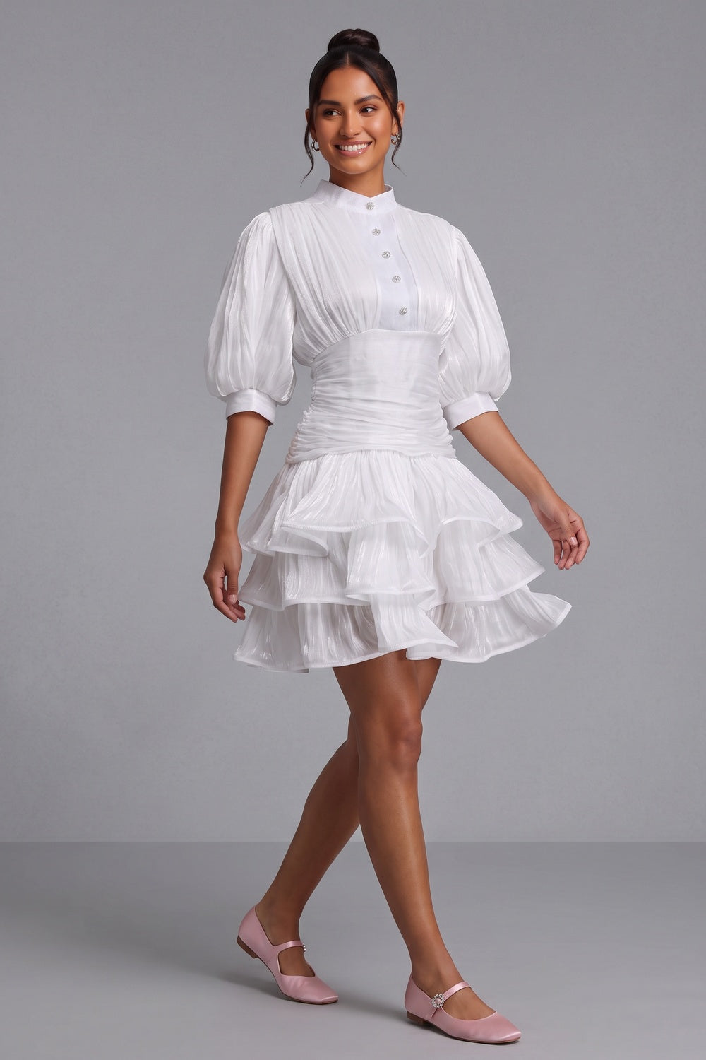 WHITE TIERED RUFFLE MINI DRESS FOR COCKTAIL PARTY