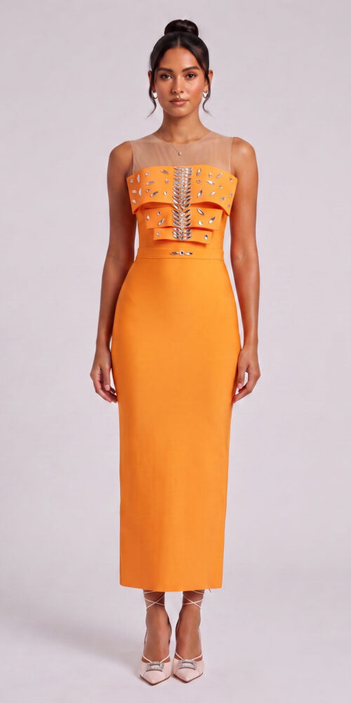 77bf9d8631aa359e ORANGE RUFFLE MIDI DRESS FOR WEDDING GUEST