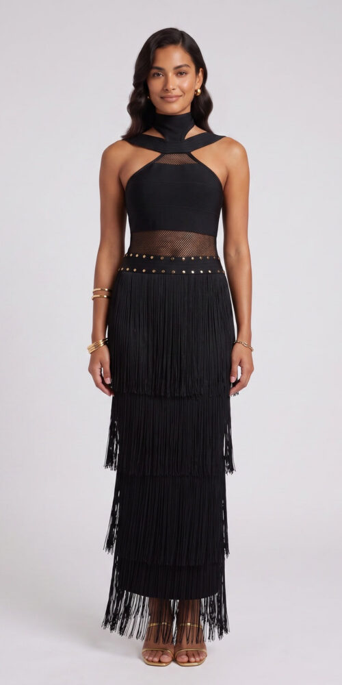 7814597aee5e87e5 BLACK BANDAGE KNIT COLUMN DRESS FOR EVENING