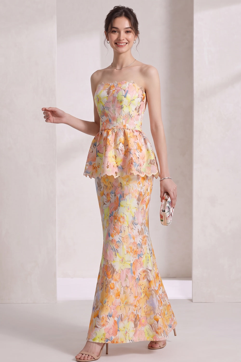 786271505b11f2a8 YELLOW LACE COLUMN GOWN WITH PEPLUM WEDDING