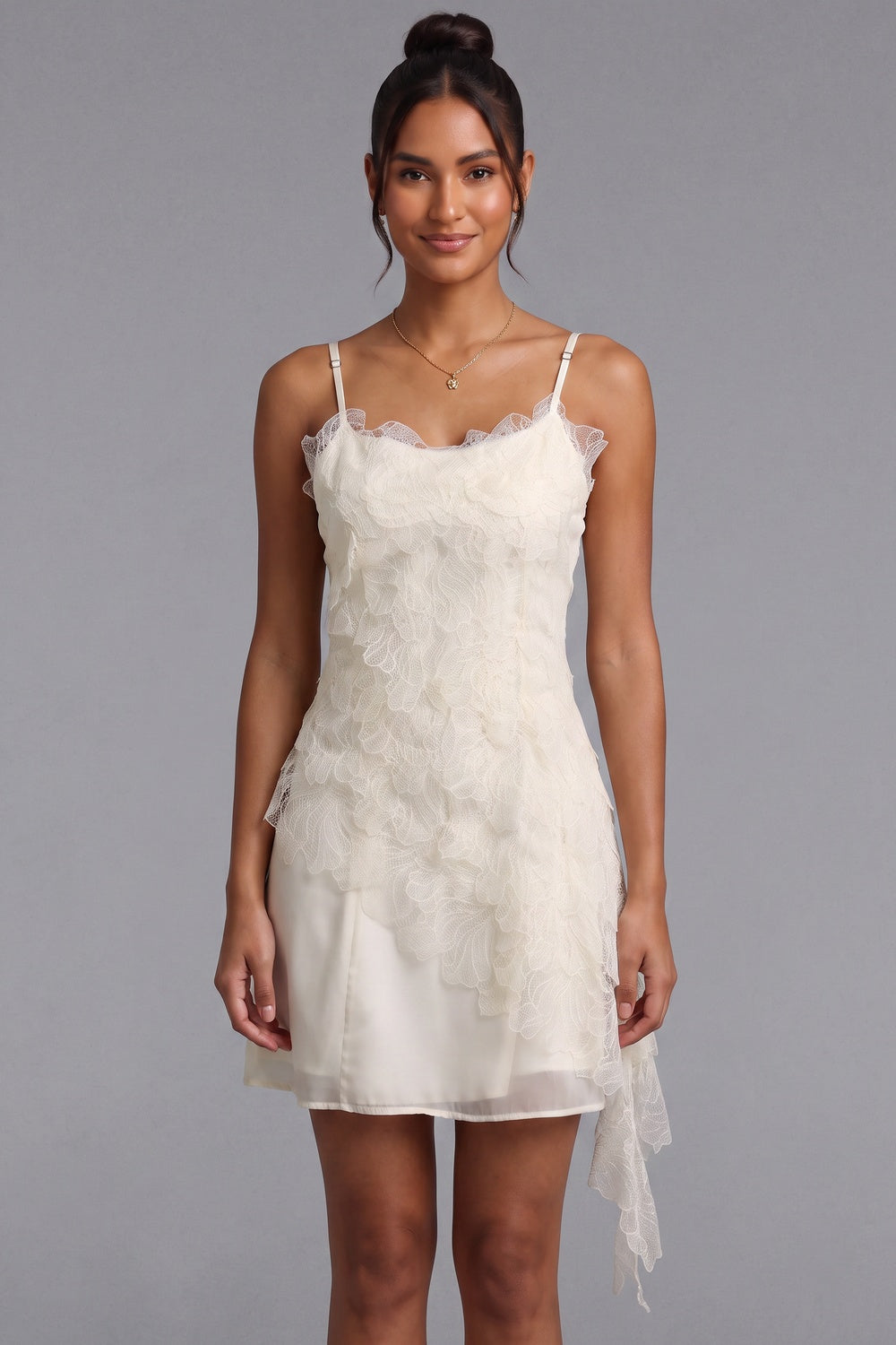 789439b300102e09 WHITE LACE RUFFLED MINI SLIP DRESS FOR PARTY
